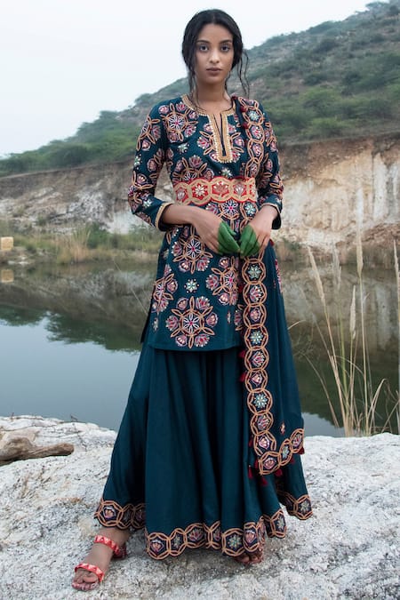 Swati Vijaivargie Blue Silk Notched Kurta Sharara Set 