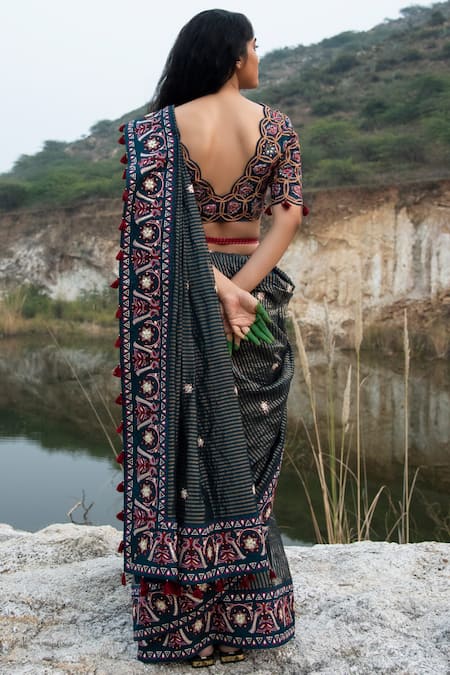 Shop Swati Vijaivargie Blue Chanderi V Neck Saree With Blouse at Aza Fashions Shop_Swati Vijaivargie_Blue Chanderi V Neck Saree With Blouse _at_Aza_Fashions