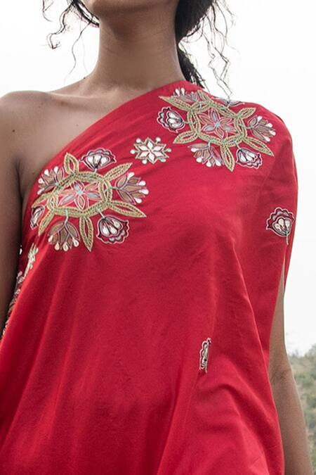 Shop Swati Vijaivargie Red Silk Asymmetric One Shoulder Kurta Set Online at Aza Fashions Shop_Swati Vijaivargie_Red Silk Asymmetric One Shoulder Kurta Set _Online_at_Aza_Fashions