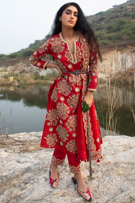 Swati Vijaivargie Red Silk Notched Kurta Pant Set
