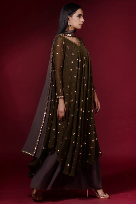 Vvani by vani vats_Green Georgette V Neck Embellished Kurta Palazzo Set_Online_at_Aza_Fashions