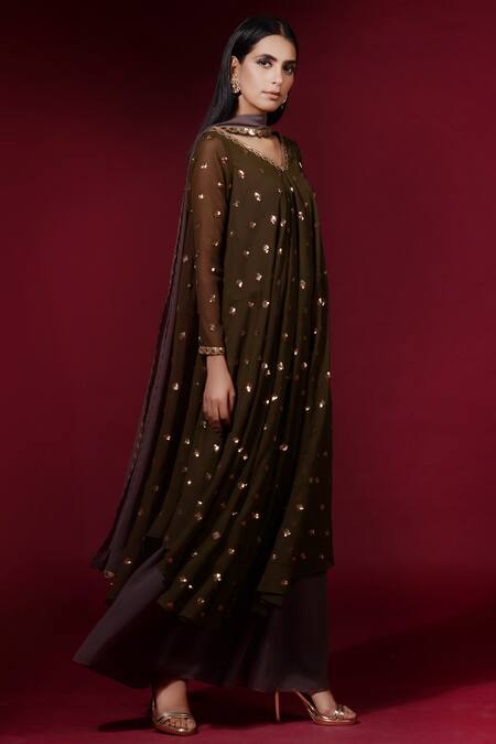 Buy_Vvani by vani vats_Green Georgette V Neck Embellished Kurta Palazzo Set_Online_at_Aza_Fashions