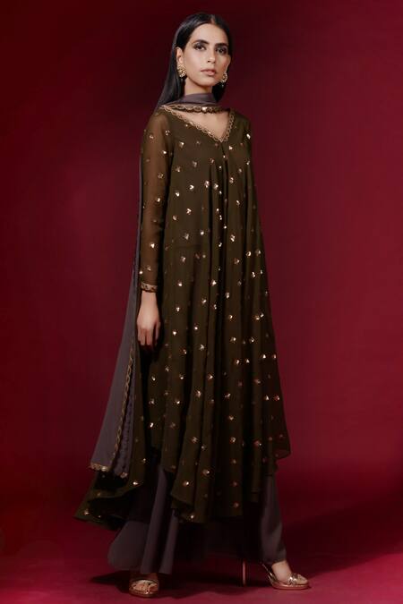 Shop_Vvani by vani vats_Green Georgette V Neck Embellished Kurta Palazzo Set_Online_at_Aza_Fashions