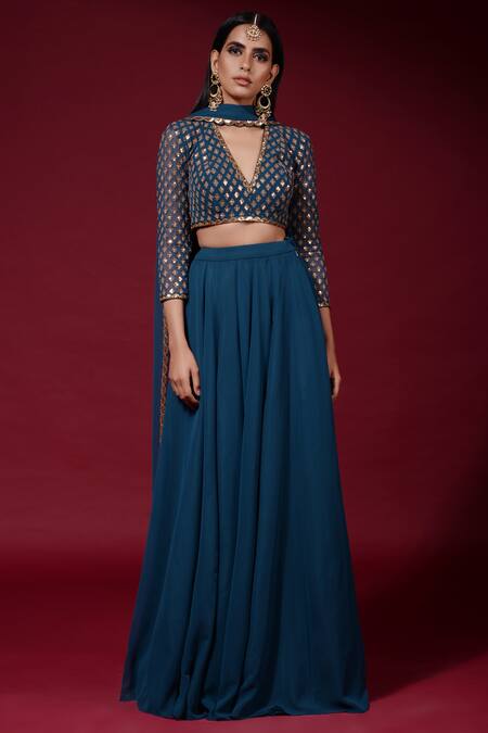 Vvani by vani vats_Blue Georgette V Neck Embroidered Gharara Set _Online_at_Aza_Fashions