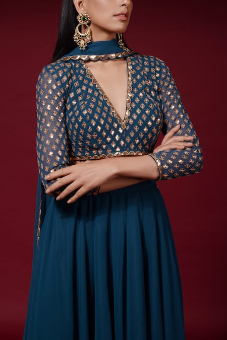 Buy_Vvani by vani vats_Blue Georgette V Neck Embroidered Gharara Set _Online_at_Aza_Fashions