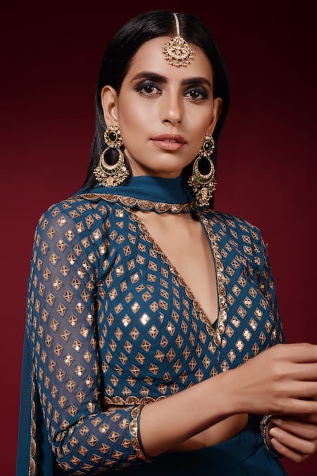 Shop_Vvani by vani vats_Blue Georgette V Neck Embroidered Gharara Set _Online_at_Aza_Fashions