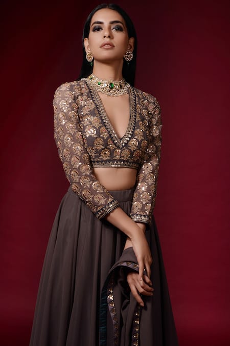 Vvani by Vani Vats_Grey Georgette V Neck Embroidered Gharara Set _Online_at_Aza_Fashions