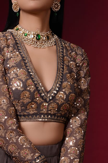 Buy_Vvani by Vani Vats_Grey Georgette V Neck Embroidered Gharara Set _Online_at_Aza_Fashions