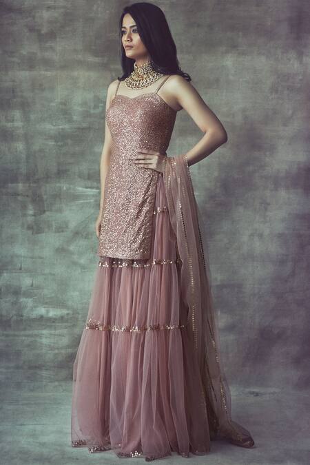 Vvani By Vani Vats_Pink Net Sweetheart Neck Embroidered Kurta Gharara Set_Online_at_Aza_Fashions