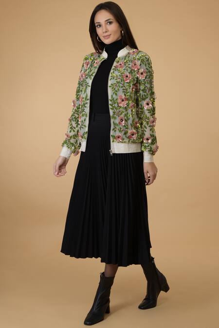 Shop_Talking Threads_Beige Silk Chiffon Band Collar Embellished Bomber Jacket_Online_at_Aza_Fashions