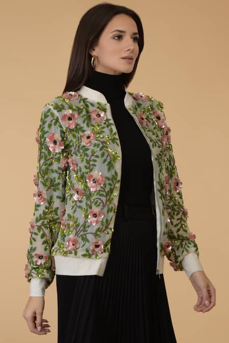 Buy_Talking Threads_Beige Silk Chiffon Band Collar Embellished Bomber Jacket_Online_at_Aza_Fashions