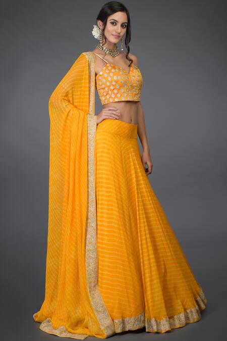 Talking Threads_Yellow Pure Satin Silk Leheriya Lehenga Set_Online_at_Aza_Fashions