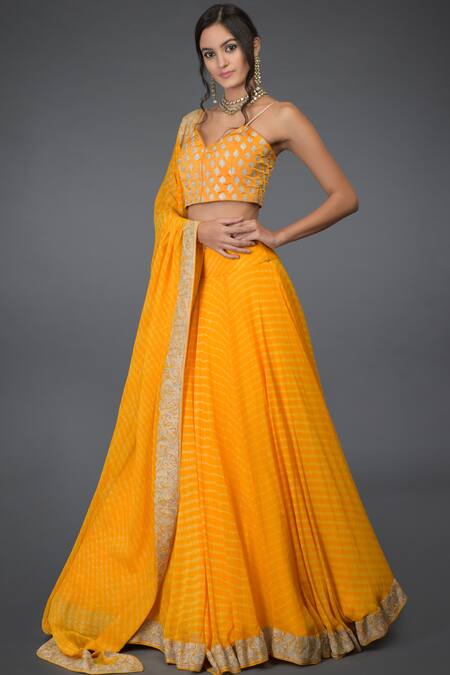 Buy_Talking Threads_Yellow Pure Satin Silk Leheriya Lehenga Set_Online_at_Aza_Fashions