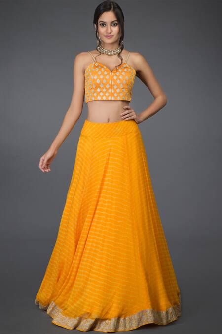 Shop_Talking Threads_Yellow Pure Satin Silk Leheriya Lehenga Set_Online_at_Aza_Fashions