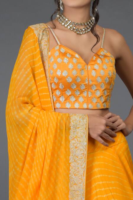Talking Threads_Yellow Pure Satin Silk Leheriya Lehenga Set_at_Aza_Fashions
