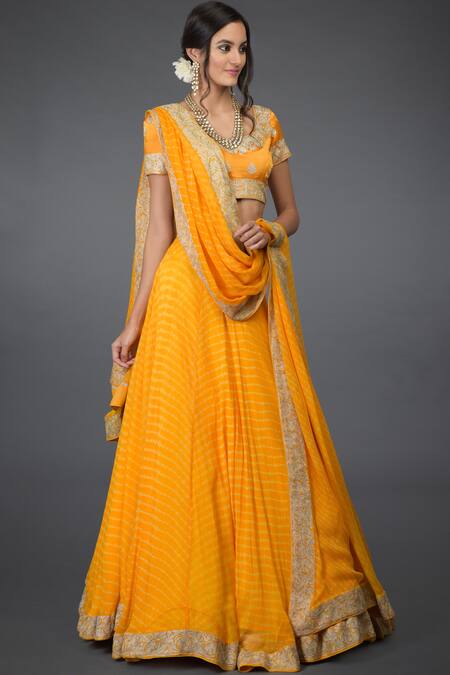 Talking Threads Yellow Pure Satin Silk Leheriya Lehenga Set