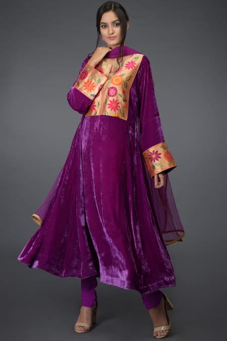 Talking Threads Purple Silk Velvet Round Kurta Set  