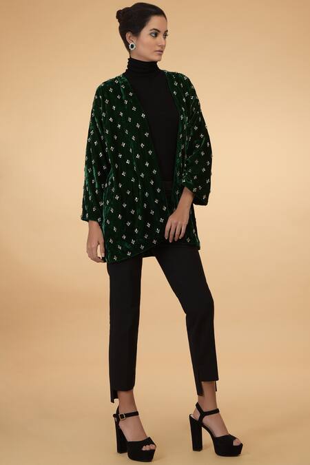 Talking Threads_Green Silk Velvet Embellished Jacket_Online_at_Aza_Fashions