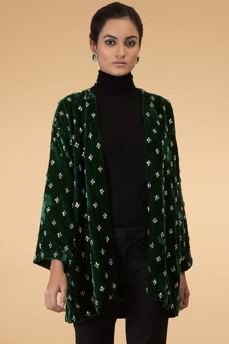 Buy_Talking Threads_Green Silk Velvet Embellished Jacket_Online_at_Aza_Fashions