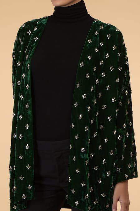 Shop_Talking Threads_Green Silk Velvet Embellished Jacket_Online_at_Aza_Fashions