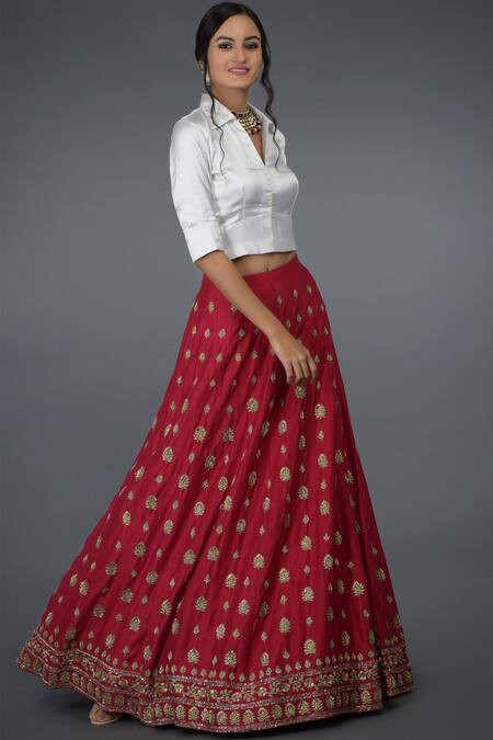 Talking Threads_Red Satin , Spread Collar Lehenga Set_Online_at_Aza_Fashions