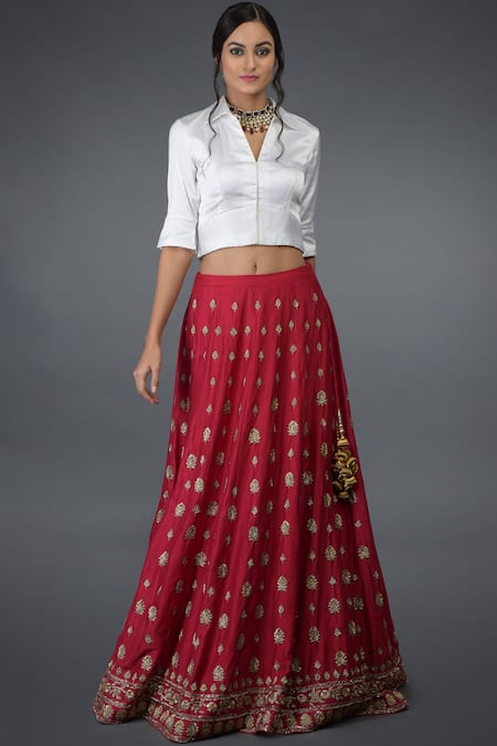 Buy_Talking Threads_Red Satin , Spread Collar Lehenga Set_Online_at_Aza_Fashions