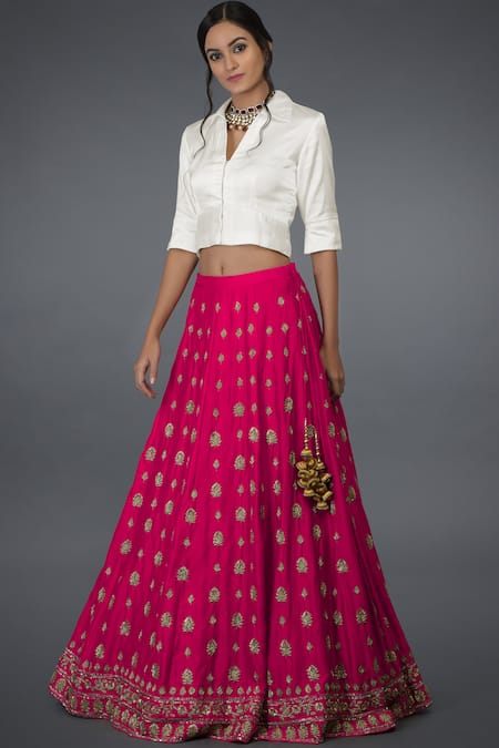 Buy_Talking Threads_Pink Satin , Spread Collar Lehenga Set_Online_at_Aza_Fashions