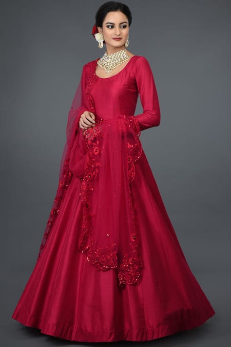 Talking Threads_Red Net, Pure Raw Silk Round Embroidered Anarkali With Dupatta_Online_at_Aza_Fashions