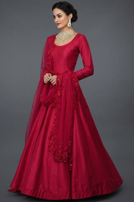Buy_Talking Threads_Red Net, Pure Raw Silk Round Embroidered Anarkali With Dupatta_Online_at_Aza_Fashions