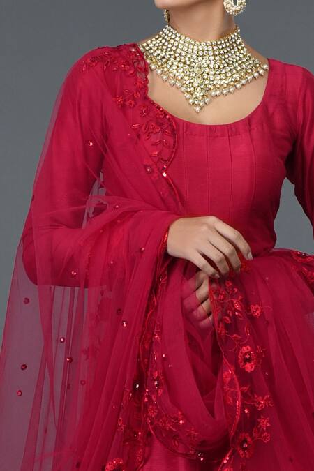 Shop_Talking Threads_Red Net, Pure Raw Silk Round Embroidered Anarkali With Dupatta_Online_at_Aza_Fashions