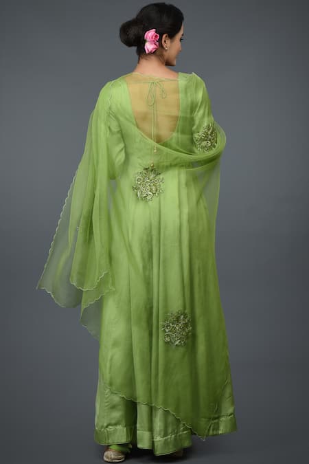 Shop_Talking Threads_Green Modal U Neck Embroidered Anarkali Set  _at_Aza_Fashions