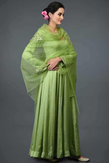 Talking Threads_Green Modal U Neck Embroidered Anarkali Set  _Online_at_Aza_Fashions
