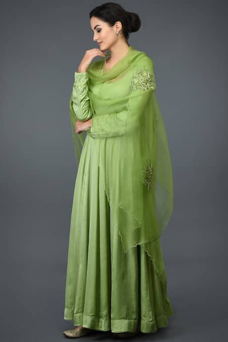 Buy_Talking Threads_Green Modal U Neck Embroidered Anarkali Set  _Online_at_Aza_Fashions