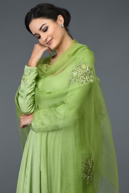 Shop_Talking Threads_Green Modal U Neck Embroidered Anarkali Set  _Online_at_Aza_Fashions