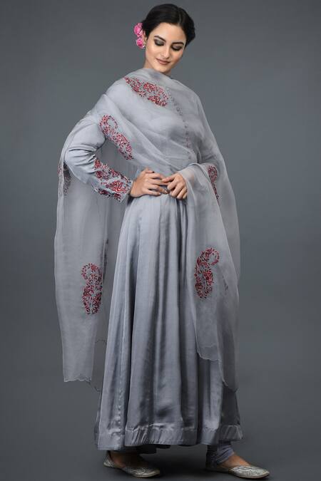 Talking Threads_Grey Modal, Organza Silk Round Embroidered Anarkali Set_Online_at_Aza_Fashions