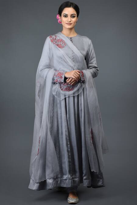 Buy_Talking Threads_Grey Modal, Organza Silk Round Embroidered Anarkali Set_Online_at_Aza_Fashions