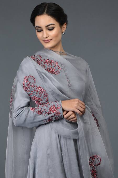 Shop_Talking Threads_Grey Modal, Organza Silk Round Embroidered Anarkali Set_Online_at_Aza_Fashions