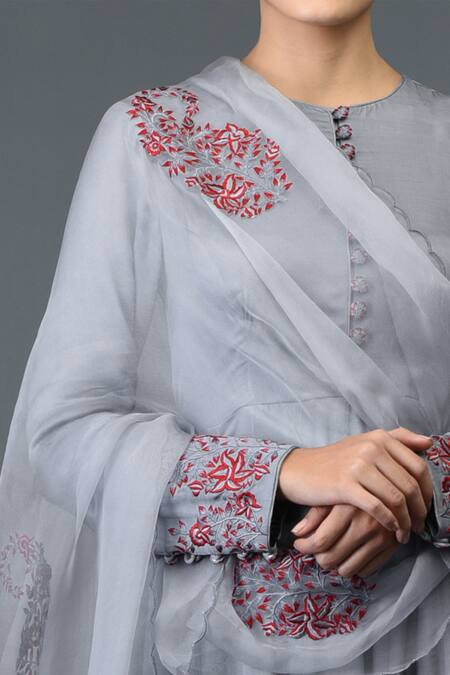 Talking Threads_Grey Modal, Organza Silk Round Embroidered Anarkali Set_at_Aza_Fashions
