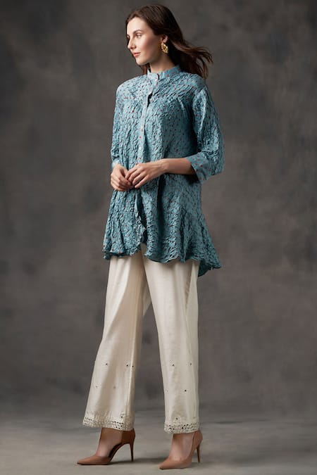 Twenty Nine_Blue Gajji Silk Mandarin Collar Bandhani Tunic _Online_at_Aza_Fashions