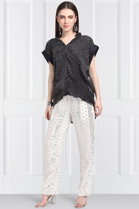 Twenty Nine Black Silk Notched Bandhani Top 