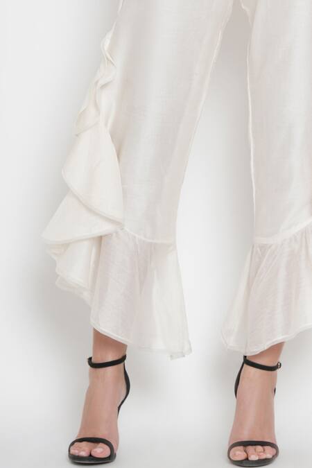 Twenty Nine_White Chanderi Ruffle Pants_Online_at_Aza_Fashions