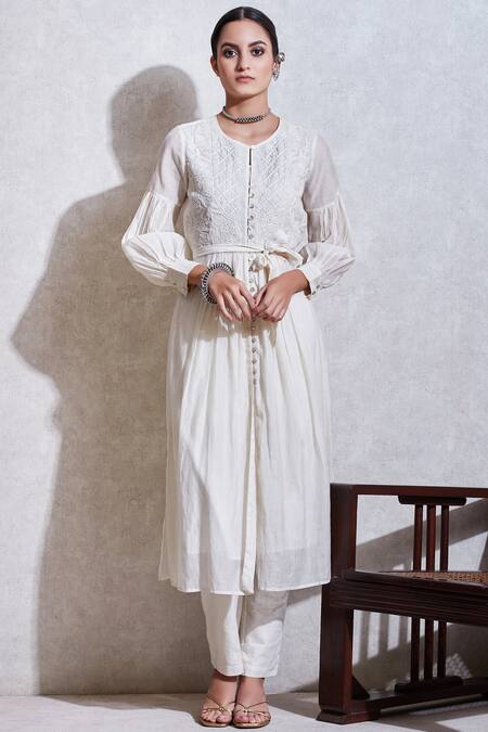 Ritu Kumar White Cotton Round Embroidered Kurta Pant Set 