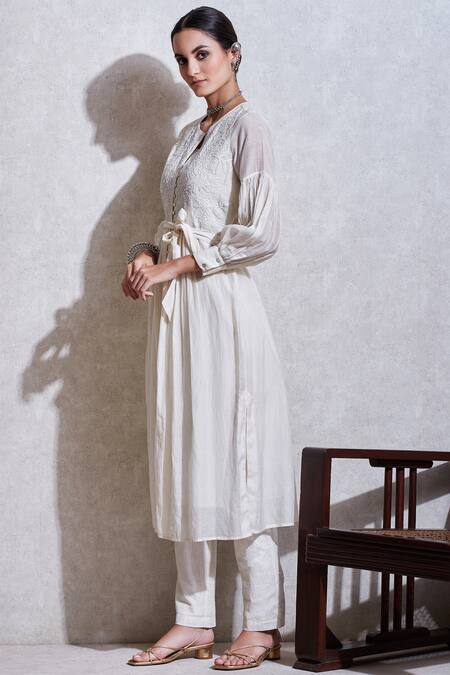 Ritu Kumar_White Cotton Round Embroidered Kurta Pant Set_Online_at_Aza_Fashions