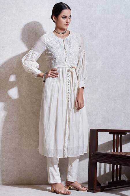 Buy_Ritu Kumar_White Cotton Round Embroidered Kurta Pant Set_Online_at_Aza_Fashions