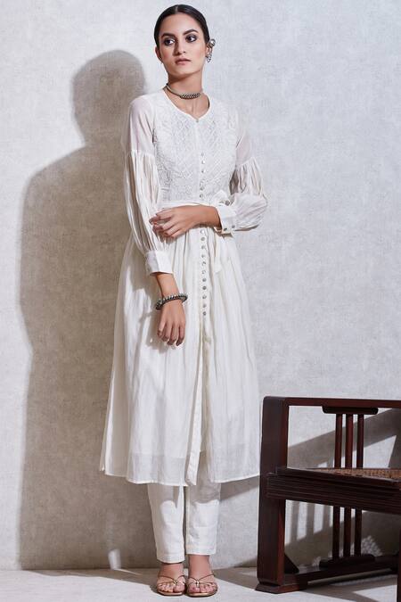 Shop_Ritu Kumar_White Cotton Round Embroidered Kurta Pant Set_Online_at_Aza_Fashions