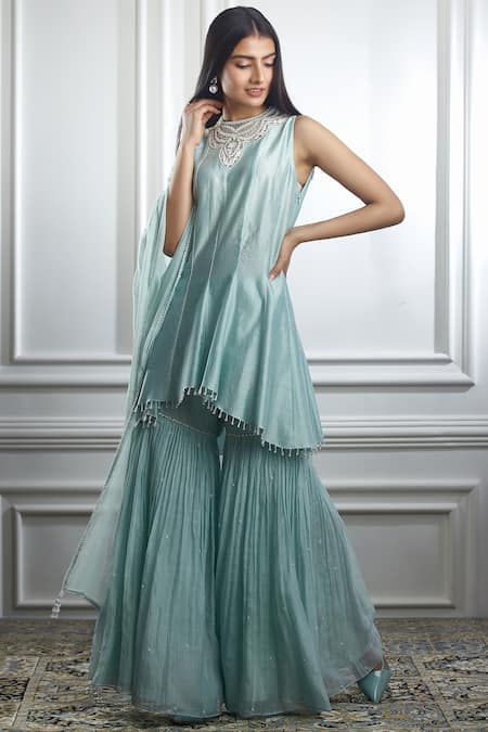 Mandira Wirk - Indian_Blue Chanderi Round Kurta Sharara Set _Online_at_Aza_Fashions