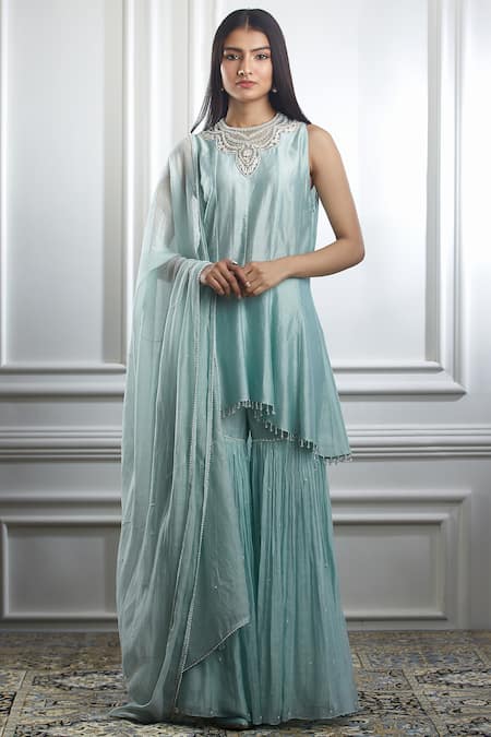 Buy_Mandira Wirk - Indian_Blue Chanderi Round Kurta Sharara Set _Online_at_Aza_Fashions
