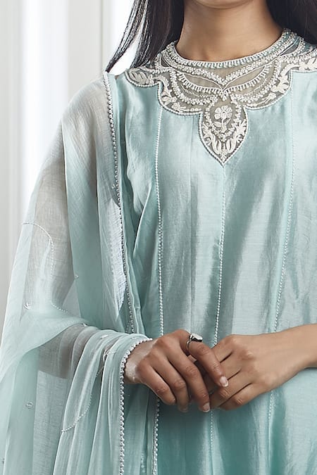 Shop_Mandira Wirk - Indian_Blue Chanderi Round Kurta Sharara Set _Online_at_Aza_Fashions