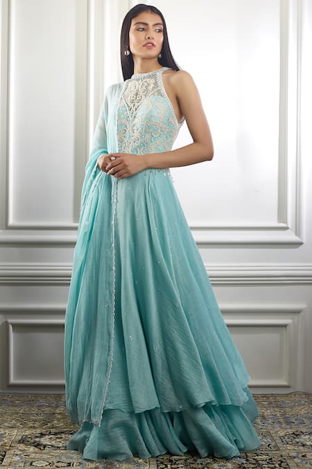 Buy Mandira Wirk - Indian Blue Chanderi Round Anarkali Set Online at Aza Fashions Buy_Mandira Wirk - Indian_Blue Chanderi Round Anarkali Set _Online_at_Aza_Fashions