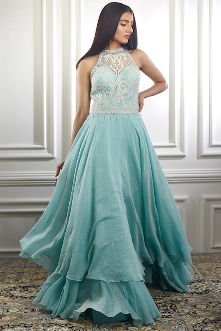 Shop Mandira Wirk - Indian Blue Chanderi Round Anarkali Set Online at Aza Fashions Shop_Mandira Wirk - Indian_Blue Chanderi Round Anarkali Set _Online_at_Aza_Fashions